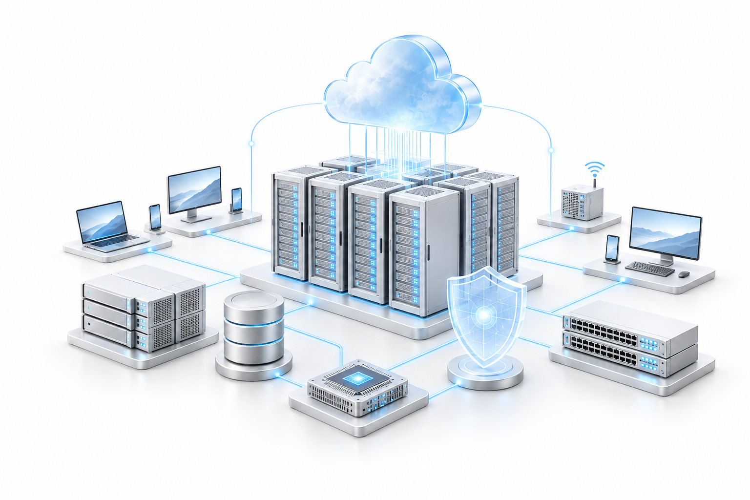 Conceptual illustration of an integrated IT ecosystem connecting datacenter servers, cloud, cybersecurity, networking, data protection and AI compute